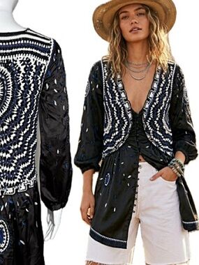 Black Satin Embroidered Crochet Knit Mix Button Front Long Sleeve Dress Size M